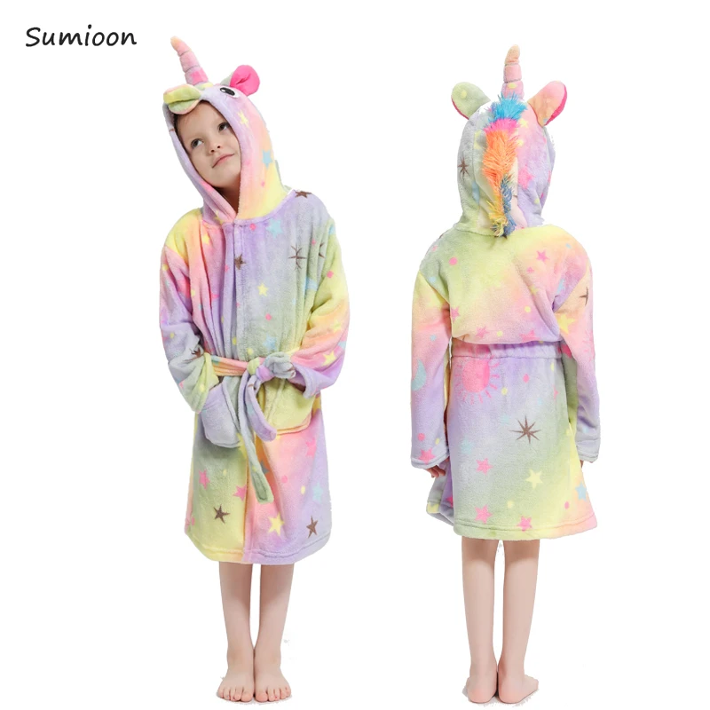 Kigurumi/Детские Банные халаты с капюшоном и единорогом; детский банный халат со звездами и радугой; пижамы для мальчиков и девочек; ночная рубашка; детская одежда для сна - Цвет: Yellow star unicorn