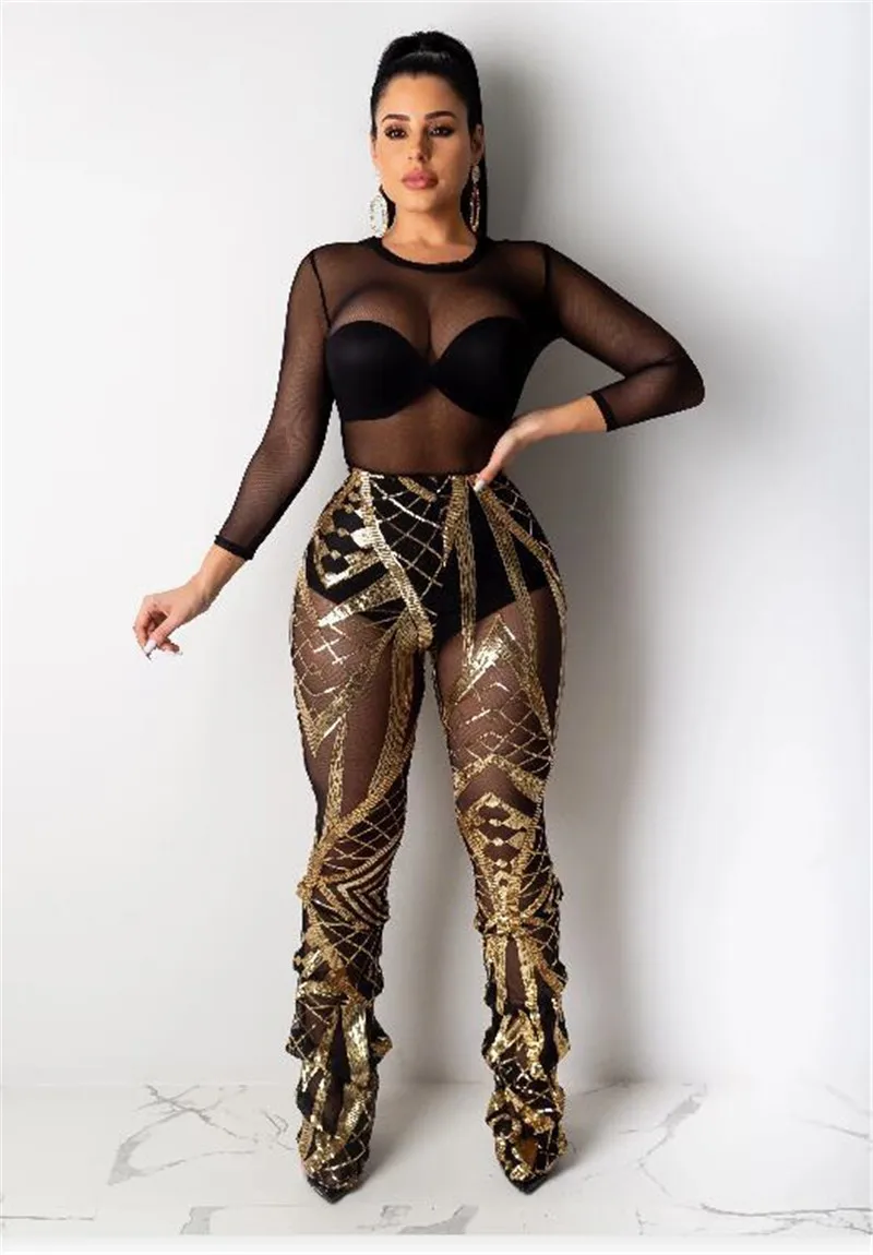 gold pants Adogirl, Топ класс, с блестками, из прозрачной сетки, плиссированные брюки, женские сексуальные штаны с трусиками, высокая мода, для ночного клуба, вечерние наряды - Цвет: gold pants