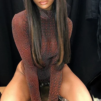 

Women Sexy Bodysuit Sexy High Collar Long Sleeves Tight Bodysuits Cotton Long Sleeve Fashion Crocodile Pattern