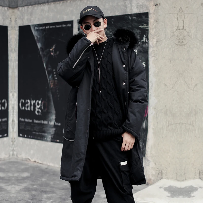 LAPPSTER Мужская Уличная зимняя куртка, длинное пальто, женская черная меховая парка в стиле хип-хоп с карманами, корейская модная дизайнерская куртка с капюшоном - Цвет: Black