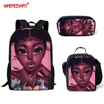 

WHEREISART 3Pcs/Set School Bags for Kids Black Art African Lady Print School Backpack Student Shoulder Book Bag Children Satchel