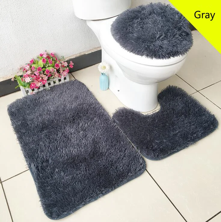 Set Bathroom Soft Toilet Lid Seat Cover Pedestal Rug Bath Mat Carpet UK 3pcs 