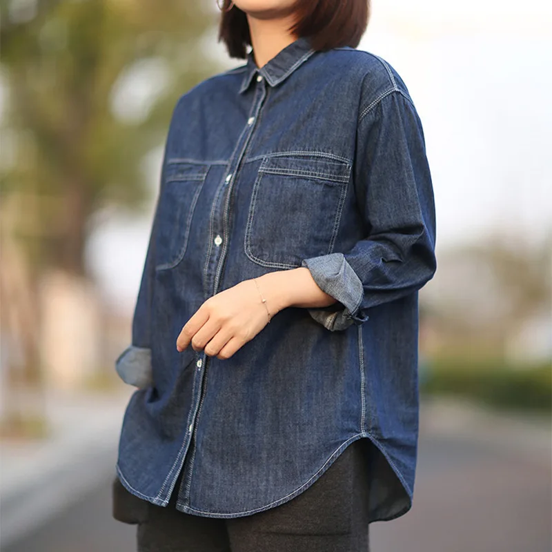 2021 Spring New Shirt Korean Style Simple Temperament Loose Denim Shirt Female Slim Lapel Long Sleeve