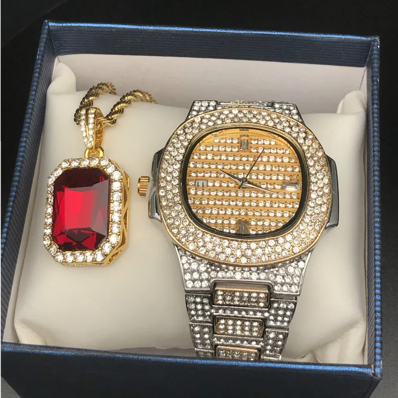 Роскошные мужские бриллиантовые золотые часы хип-хоп Iced Out кубинские часы с бриллиантами и красным Рубином ожерелье и кольцо комбинированный набор рэпер мужские ювелирные изделия - Цвет: Серый