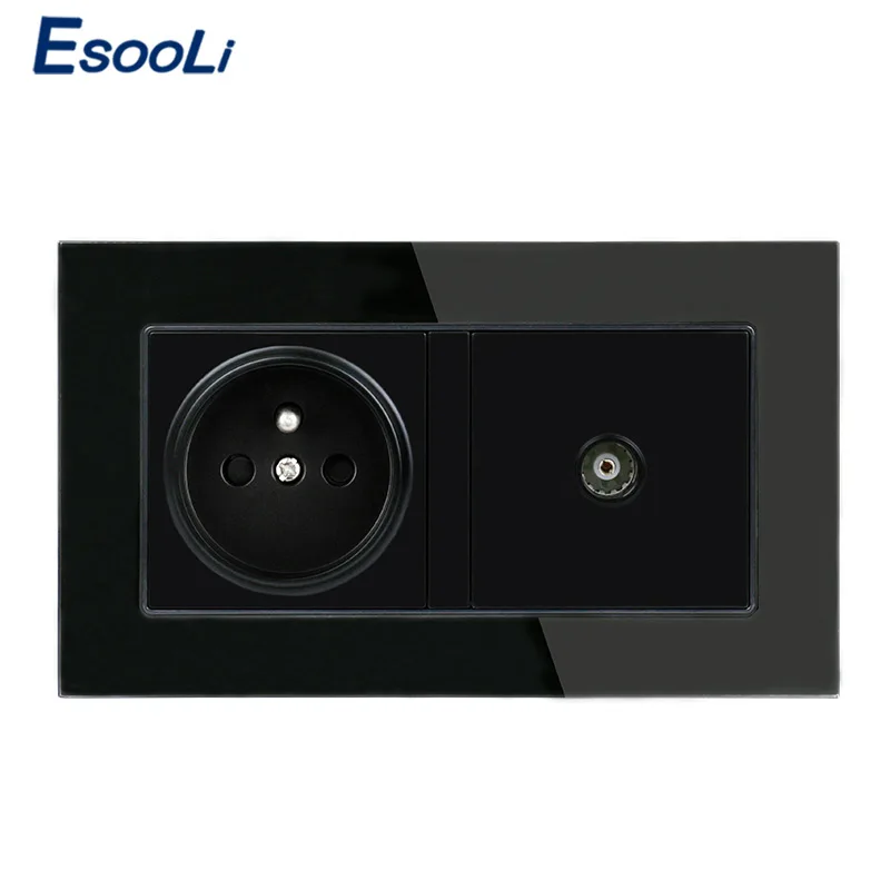 ESOOLI французский стандарт Роскошная стеклянная панель 2 банды настенная мощность 16A электрическая розетка заземленная с женский ТВ Джек двойной выход