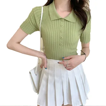 

2020 New Fashion Women Polo Shirt Knit Women Shirts Ribbed Polo Shirt