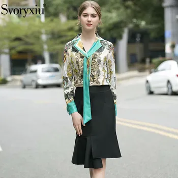 

Svoryxiu Runway Designer Spring Summer Skirt Suit Women's Long Sleeve Print Blouse + Black Mermaid Skirt Office Two Piece Set