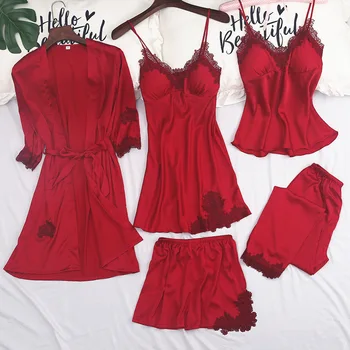 

2020 Spring Summer New Robe Suit Satin Women Bride Bridesmaid Bathrobe Gown Sexy Lounge Loose Intimate Lingerie Lace Sleepwear