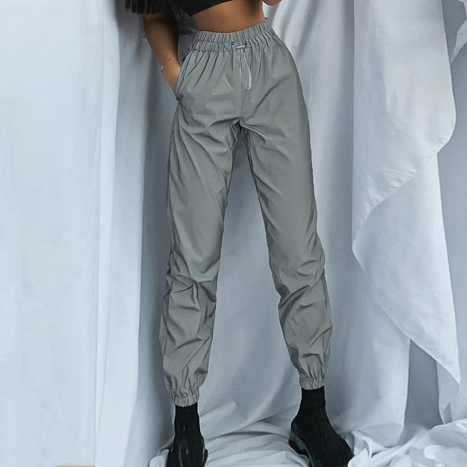 Techwear Pantalones deportivos reflectantes de cintura elástica para pantalón de chándal de pierna ancha, color liso|Pantalones largos de tenis| AliExpress