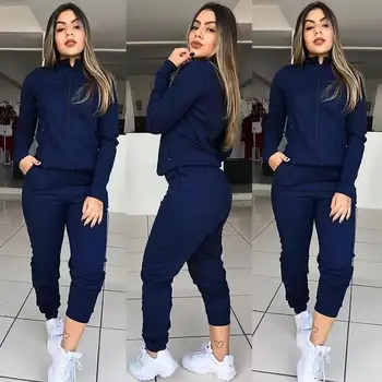 

Women Sports Tracksui 2 Piece Set Autumn Long Sleeve Jacket And Elastic Waist Pants Suit Solid Outfits