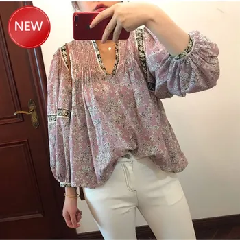 

Korean Vintage floral Women V-neck Blouse 2020 New Summer color matching lantern sleeve ladies loose shirt female