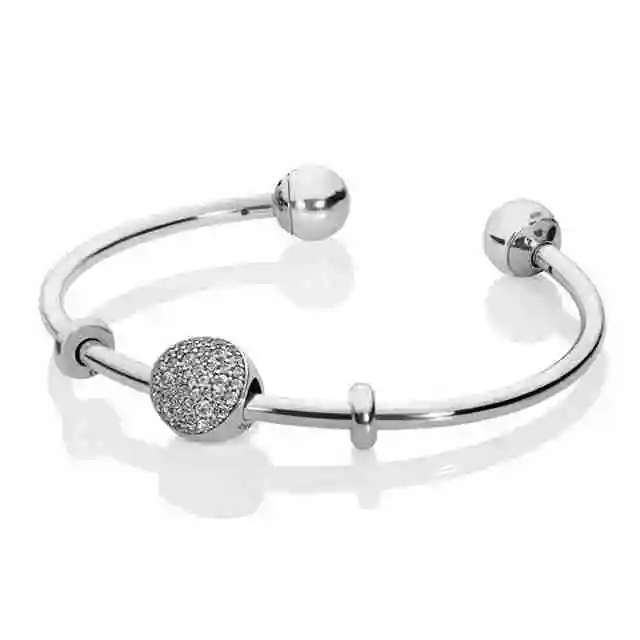 

100% 925 Sterling Silver New 1:1 PAVE OPEN BANGLE GIFT SET Original Women Trend Personalized Jewelry Winter Recommended