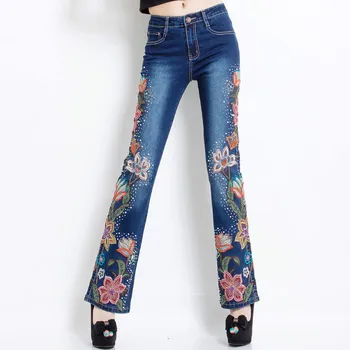 

Bead Handcraft Floral Embroidered Denim Pants Long Jeans For Women