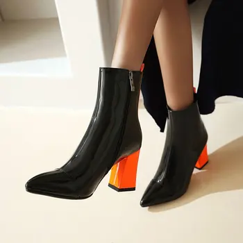 

2020 New Pu High Heels Side Zipper Pointed Toe Women's Boots Color Matching Autumn Winter Female Ankle Boots Size 34-43 XWC10322