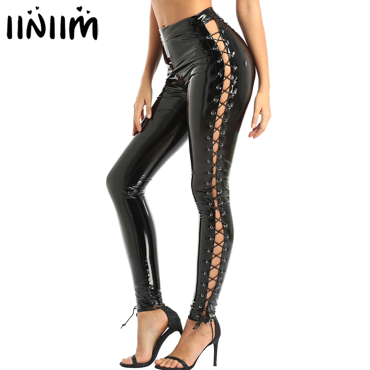 Womens Wet Look Clubwear Moto Punk Paries Pole Dance Leggings con lacci  laterali in pelle verniciata pantaloni Skinny elasticizzati pantaloni  lunghi|Pants \u0026 Capris| - AliExpress