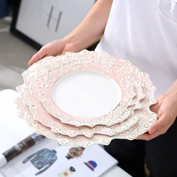 

Dinner Flat Plate Pasta Deep Plate Steak Embossment Bone China Food Container Pattern Gold Border Tray Creativity Dinner Tool