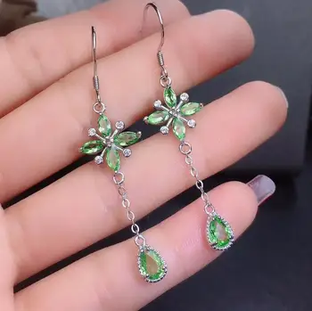 

long Line Clover water drop Natural green garnet drop earrings 925 silver natural Tsavorite earrings women party gift jewelry