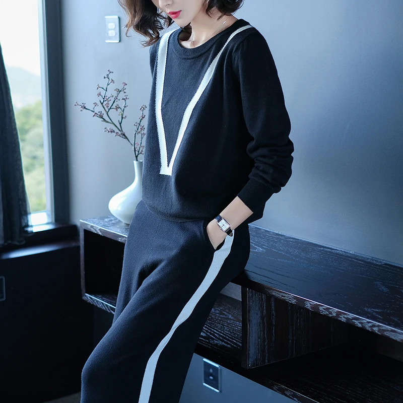 

2019 Autumn Black Casual Women Set Long Sleeve Female Two Piece Set Tops+pants Women Suit Sets Plus Size Women's outfit Winter