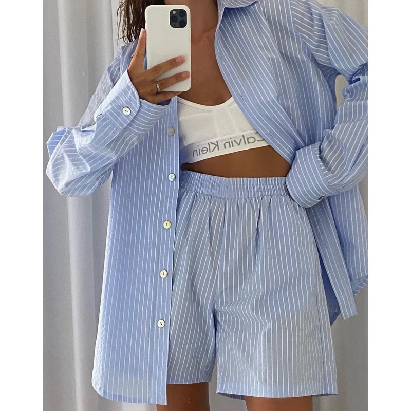Conjuntos de pantalones cortos de manga larga a rayas azules para mujer, camisa con una hilera de botones, pantalones sueltos de cintura alta, conjunto de 2 piezas para mujer, informal de verano 2021
