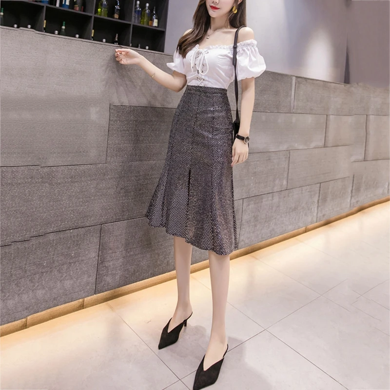 RICININA Womens Skirt Female Autumn Split Sequin Casual Elegant Mermaid Skirt Women High Waist Office Jupe Femme Plus Size