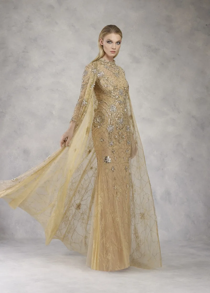 Gold Mother Of The Bride Dresses mother bride dresses Latest With Cape Lace Appliqued Beaded Mother Of The Groom Gowns Plus Size