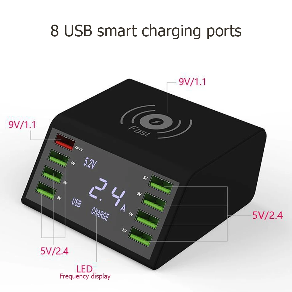  Pantalla Digital LCD cargador rápido 8 puertos USB base de carga QC 30 con 10W cargador inalámbrico
