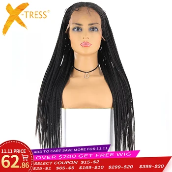 

13x4 Lace Front Synthetic Braided Wigs X-TRESS Long box cornrow Braid faux locs Wig African American Women Hairstyle Middle Part