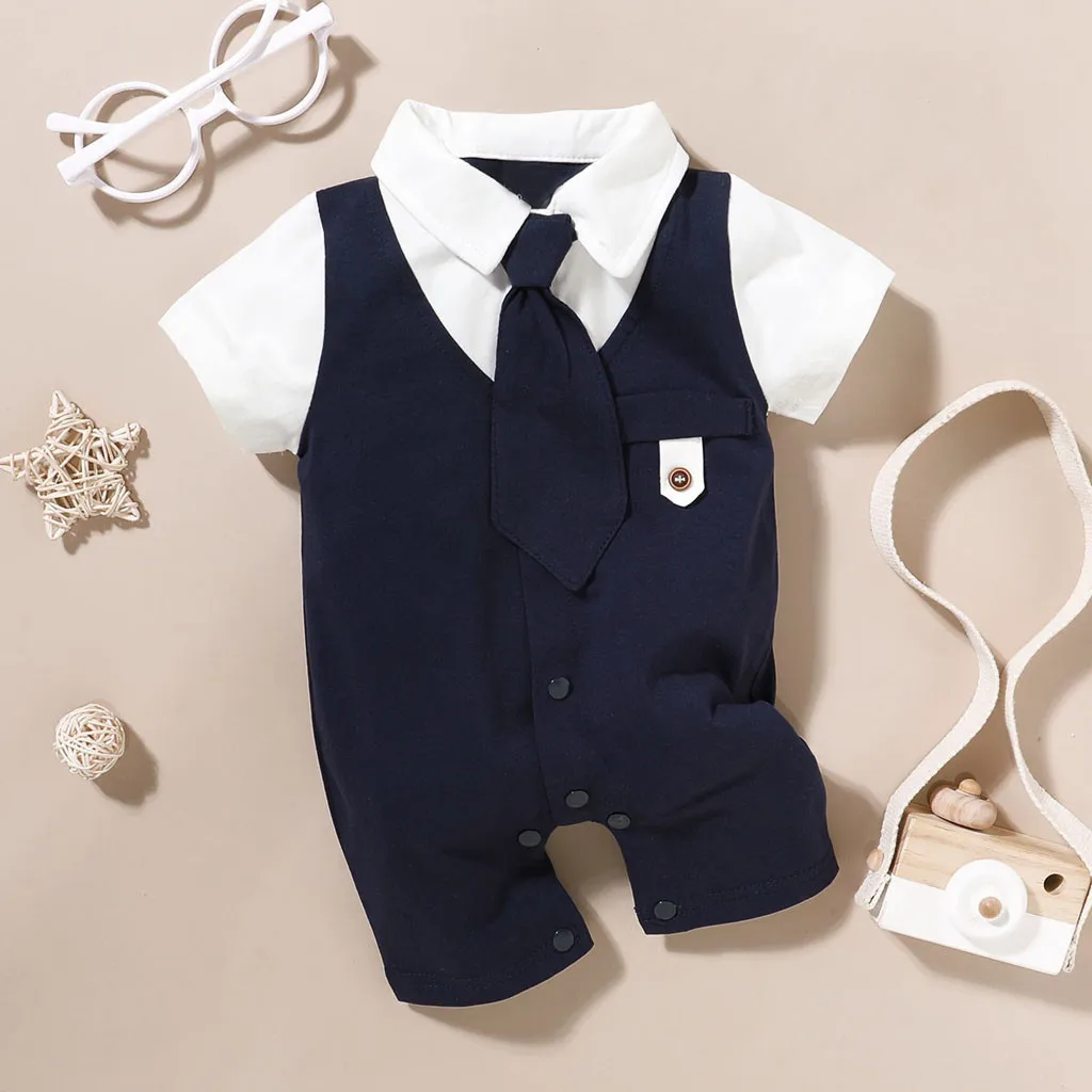 Newborn Infant Baby Boys clothes Solid Gentleman Tie Romper Jumpsuit Outfits Baby Clothing Short Sleeve T-shirt #C