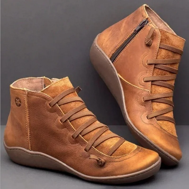 

Women Winter Snow Boots Pu Leather Ankle Spring Flat Shoes Woman Short Brown Boots with Fur 2020 for Women Lace Up Boots 2019-1