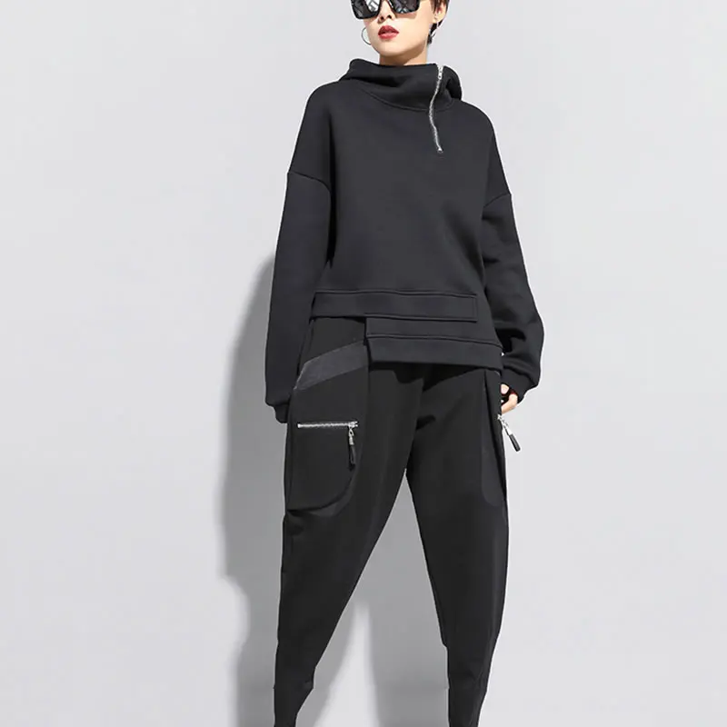 XITAO, черный женский свитер, модная новинка, с капюшоном, воротник, неровный, плиссированный, элегантный, маленький, свежий, Повседневный, миноритарный свитер, DMY1615
