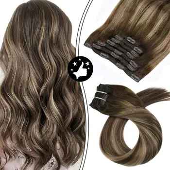 

Moresoo Clip in Human Hair Extensions Natural Machine Remy Blonde Brown Silky Straight Double Weft Balayage Ombre