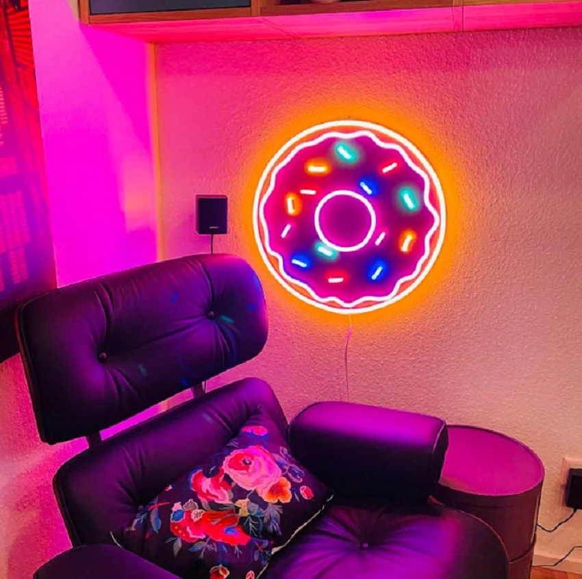 Personalizado donut multicolorido led flex acrílico transparente sinal de néon luz parede pendurado para casa quarto decoração