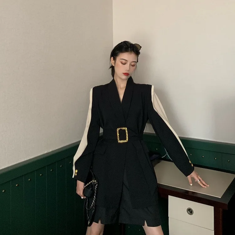 

Fox Mrs. Small Suit Coat Female Autumn Loose Casual Mid-length Mixed Colors Long Sleeve Suit Belt Included