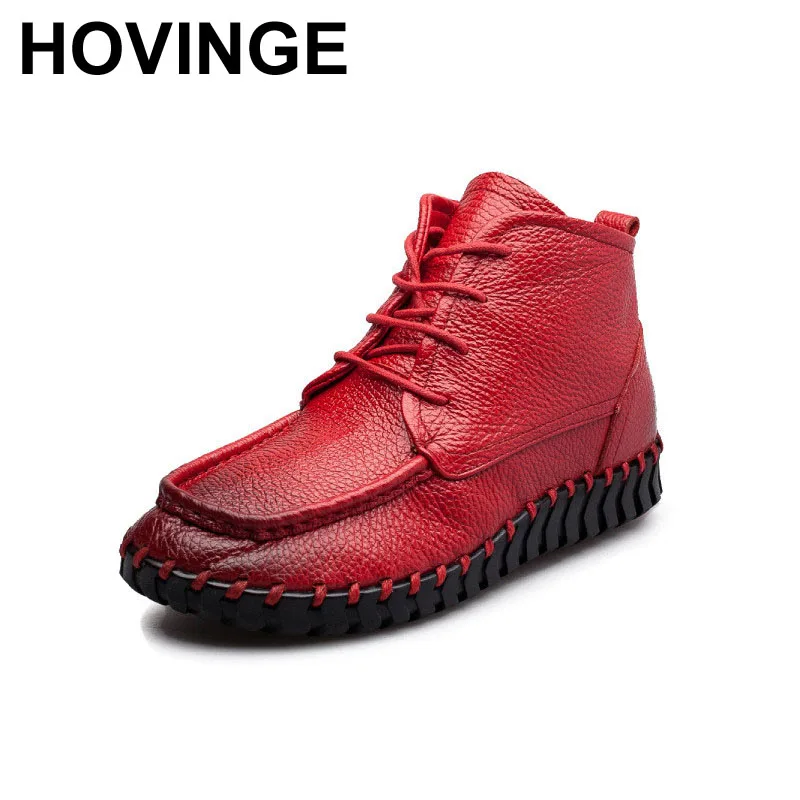 

HOVINGE Antumn Winter Women Boots Vintage Genuine Leather Soft Outsole Flat Shoes Handmade Full Grain Leather Ankle Boots