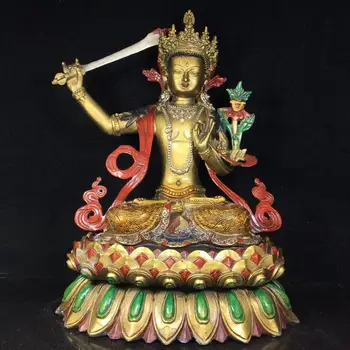 

Home Decor 13" Collection Old Bronze Painted Manjushri Holding sword Guanyin Bodhisattva Buddhism Avalokitesvara Amitabha statue