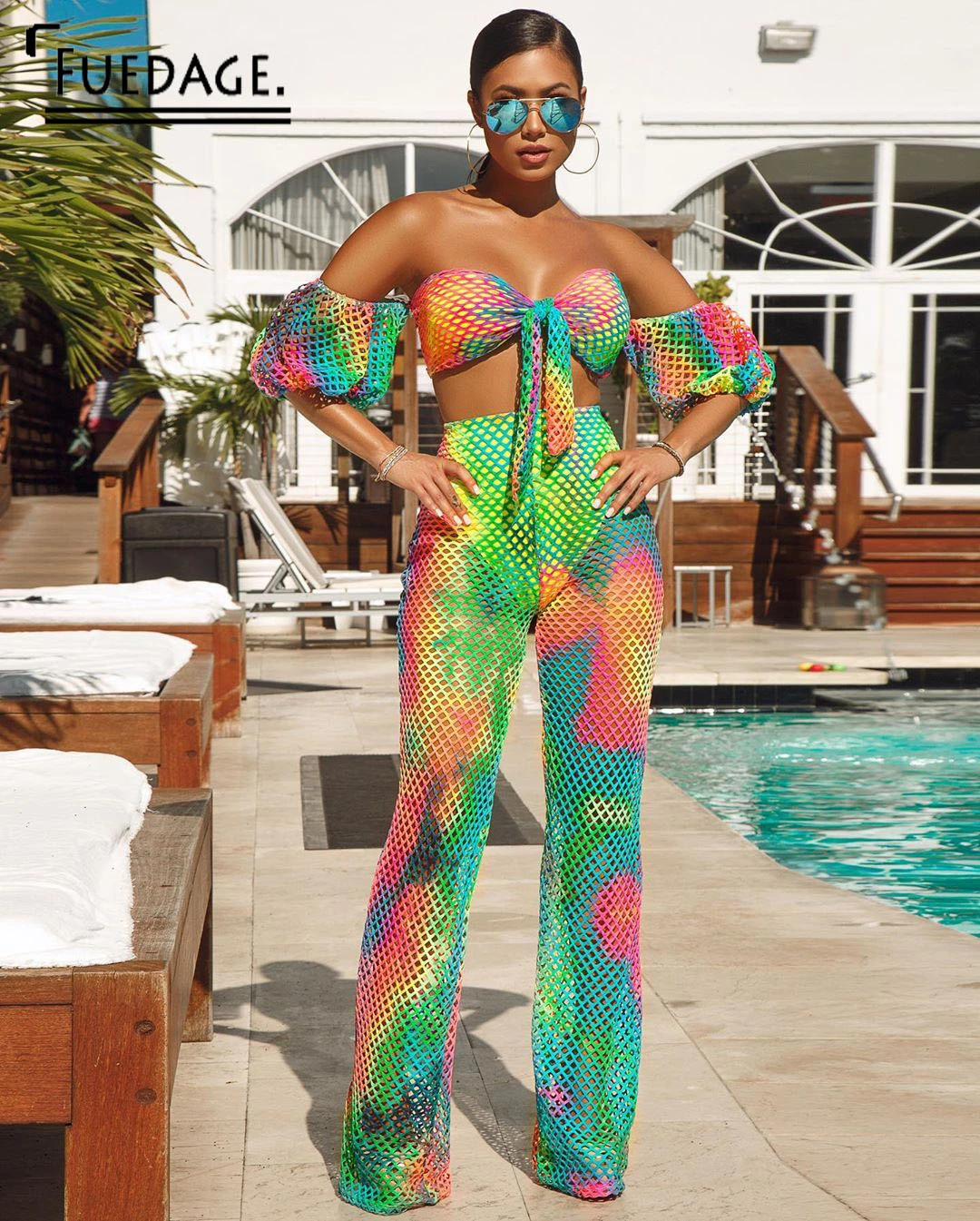 

Fuedage Summer Sexy Printing Two Pieces Set Tie Dye Off Shoulder Backless Women Suit Crop Top Long Pants Slesh Neck 2 Pieces Set