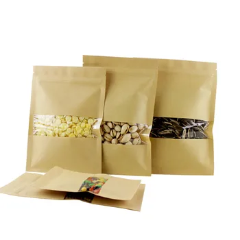 

50pcs/Lot Kraft Paper Ziplock Bag with Clear Window Resealable Tea Grains Dry Goods Packaging Pouches with Tear Notch