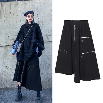 

Women New Arrival Iron Ring Zipper Splice Irregular Black Long Skirt Female Streetwear Hip Hop Punk Gothic Plus Size Skirts 8212