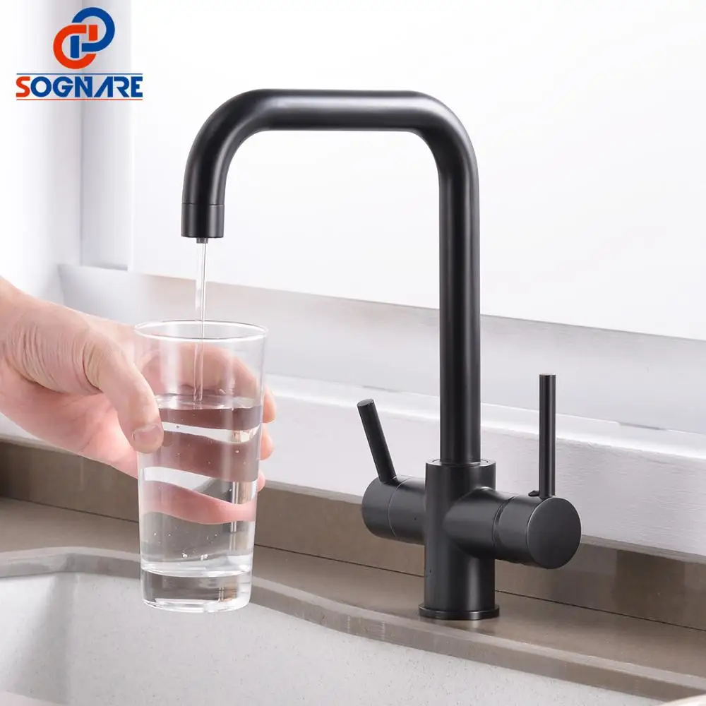 SOGNARE Black Kitchen Faucet Drinking Water Filter Faucet Dual Handle Hot Cold 3-way Filter Kitchen Mixer Taps Torneira Cozinha