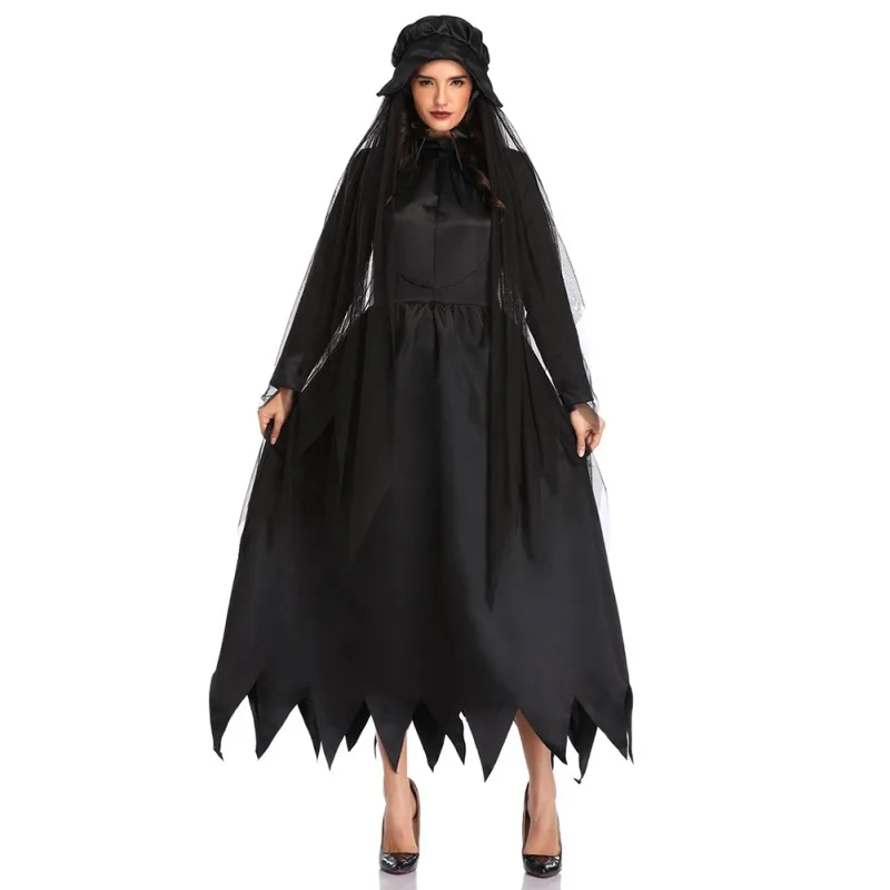 Костюм для Хэллоуина призрак невесты темно COS платье с разной длиной подола сетки ведьма платье Для женщин Мода Хэллоуин вечерние платья, черный; большие размеры