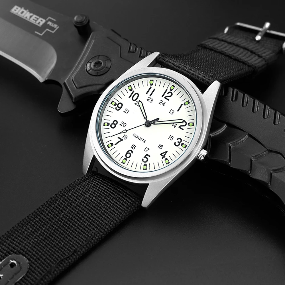 Luminous Hands Simple Watch Women Japanese Quartz Fashion Khaki Canvas Belt Fluorescent Green Military Army Style Clock Gift