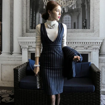 

HAMALIEL Office Ladies Two Piece Set Autumn Women Striped Turn Down Collar Suit Coat + OL Vest Bodycon Pencil Dress Skirt Set