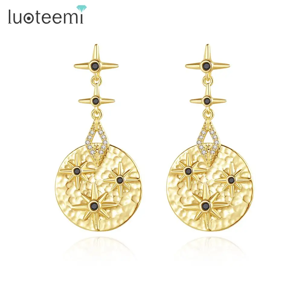 Китайские лютовые серьги капли LUOTEEMI для музыкальных инструментов женщин сияющие звезды Черный CZ круглые