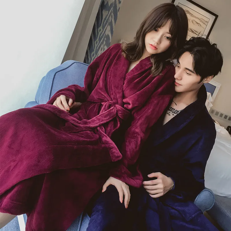 

New Plus Large Size Winter Robe for Men Women Extra Long Soft Flannel Bathrobe Male Loose Dressing Gown Female Warm Bath Robe