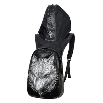 

Ladies Casual PU Leather Backpack Fashionable Men 3D Silicone Wolf Head Backpack Wild Wild College Style Travel Bag