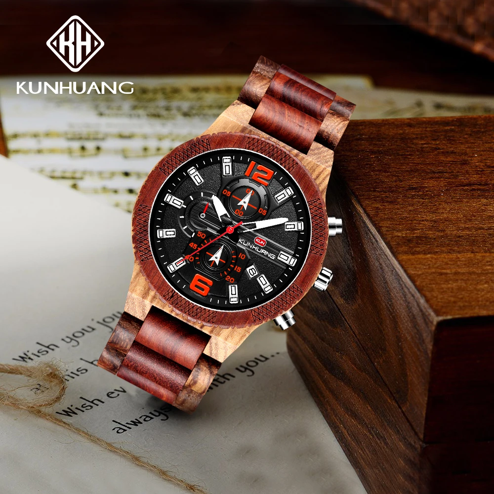 

Kun Huang 2020 Wooden Watch Men erkek kol saati Casual Business Wood watch for men Chronograph Military Quartz Wristwatches Mens