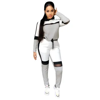 

Fashion Patchwork Women Hoodies Suits Long Sleeve Hooded Two Piece Set Drawstring Long Pants Women Tracksuit