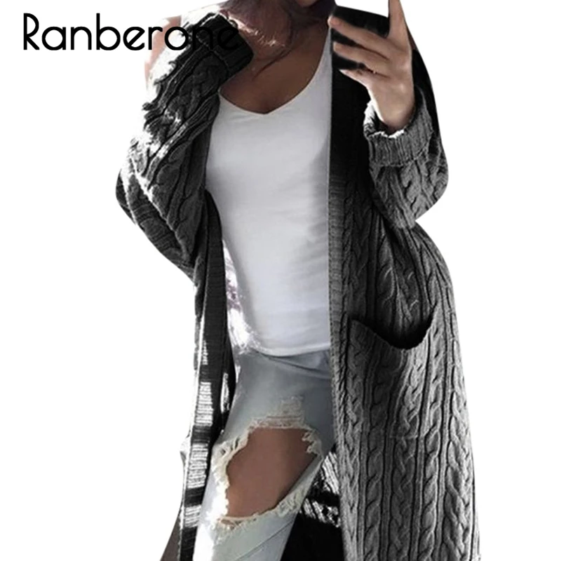 Ranberone New Autumn Winter Women Cardigan Long Coat Fashion Casual Solid Knitted 2019 Female Keep Warm Sweater Open Stitch Coat