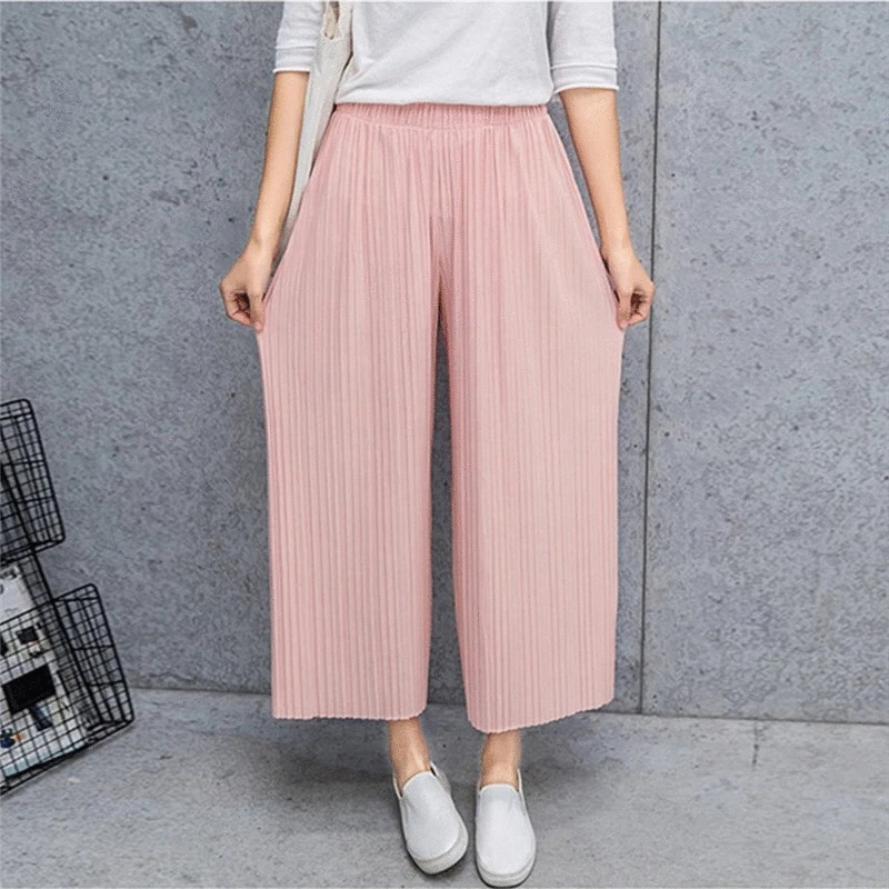 Pantalones plisados plegables para Mujer, pantalón informal, pantalones de media pierna ancha de cintura, para primavera y verano