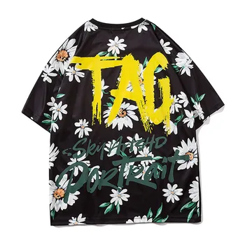 

2020 Summer Mens Flowers Print Oversized T Shirt 100%Cotton Streetwear Unisex Short Sleeve Couples Patchwork Loose Tops tee